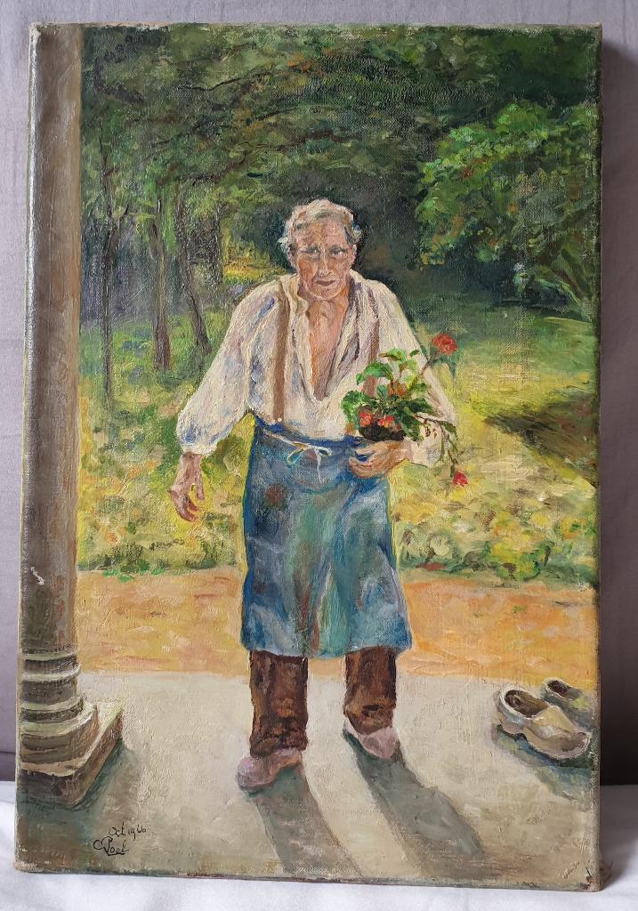 Oud schilderij van een tuinman., Ophalen of Verzenden