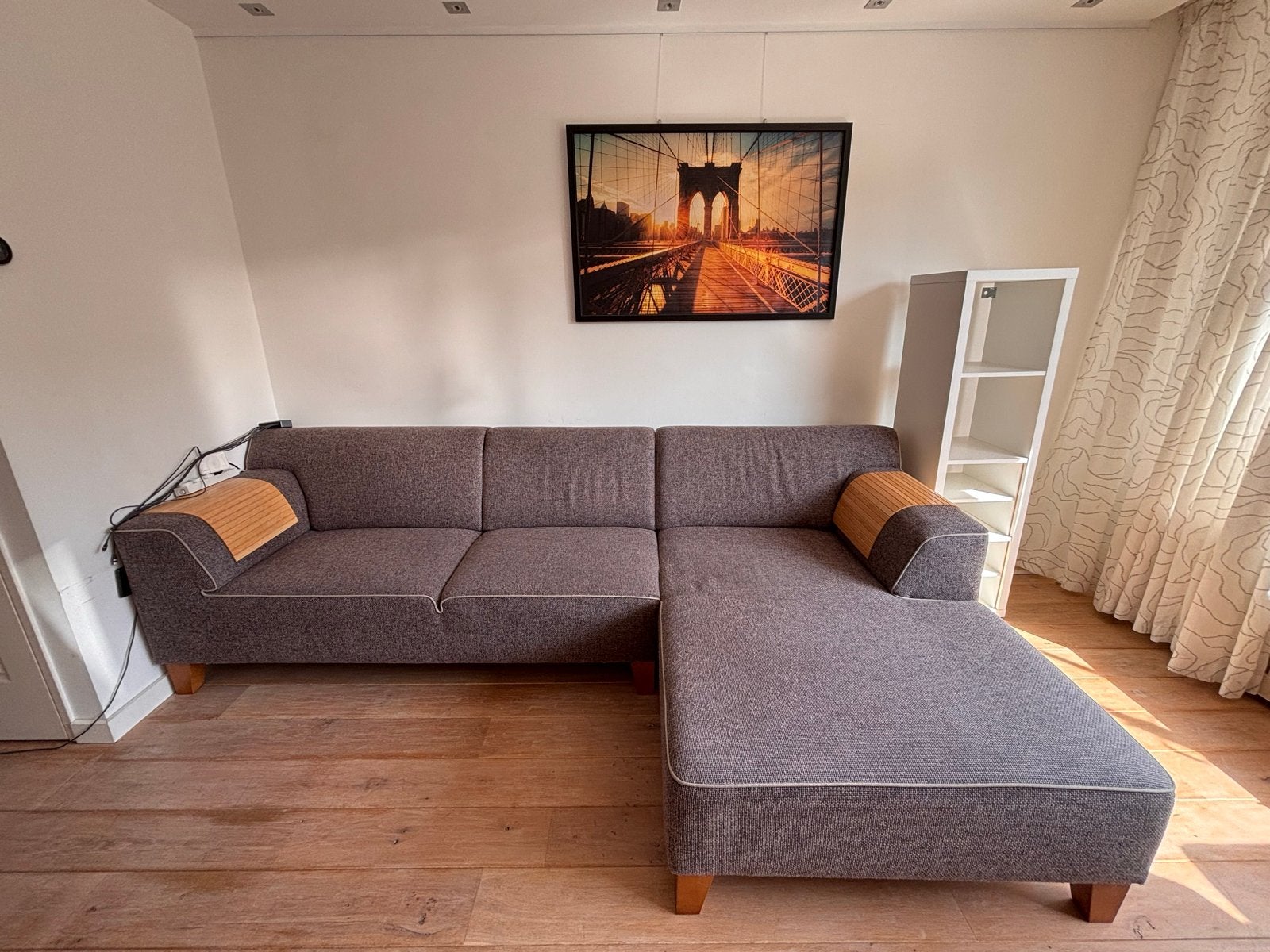 Comfortabele Montel Hoekbank met Longchair - Grijs Stof, Ophalen, 250 tot 300 cm, Gebruikt, 125 tot 150 cm