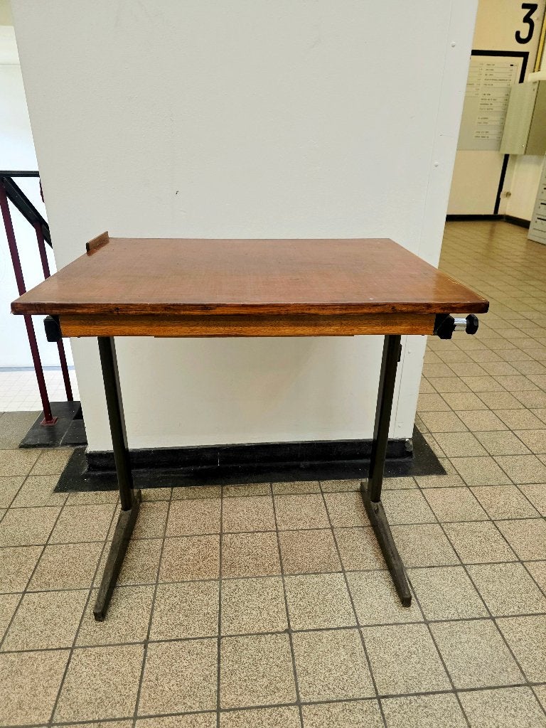 Vintage Mid-Century Industrial Adjustable Drafting Table, Ophalen, Gebruikt, Schoolbureau, Bruin