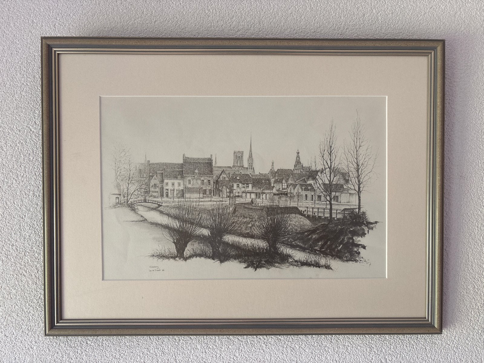 Culemborg - Lex de Vroedt '86 - Ingelijste pentekening, Ophalen, Tekening, Pentekening, Gesigneerd