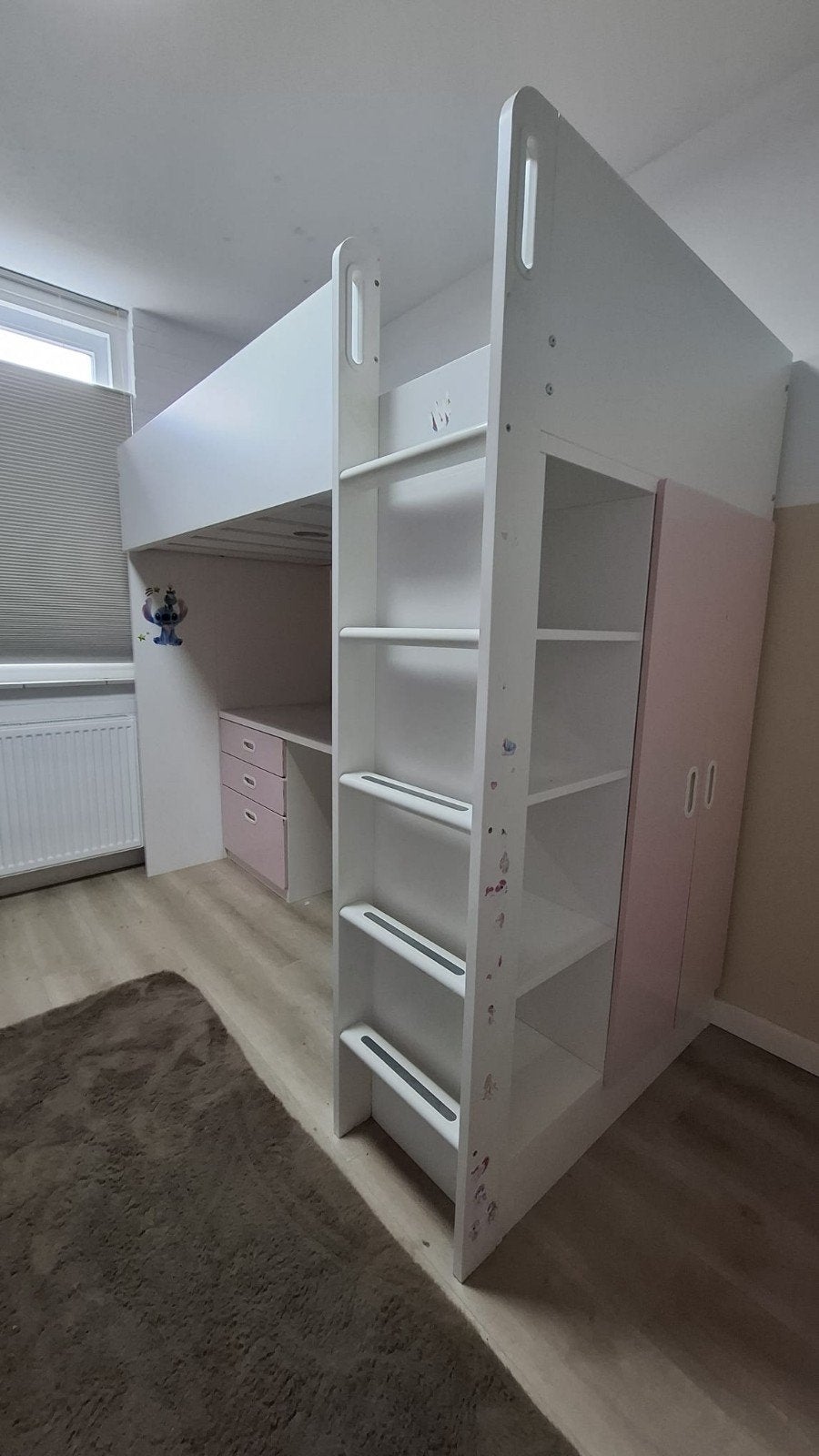 IKEA STUVA/FRITIDS Hoogslaper wit/roze met bureau en kast, Ophalen, Gebruikt, Eenpersoons, 90 cm