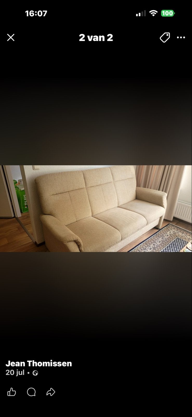 Comfortabele senior driepersoonsbank - Beige stof, Huis en Inrichting, Banken | Bankstellen, Ophalen, Gebruikt, Driepersoons, 75 tot 100 cm