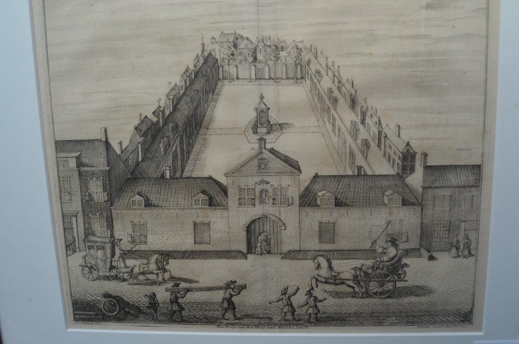 Ets/kopergravure Hofje van Hogelande Den Haag 18e eeuw, Ingelijst, Ets, Stadsgezicht, 58 cm