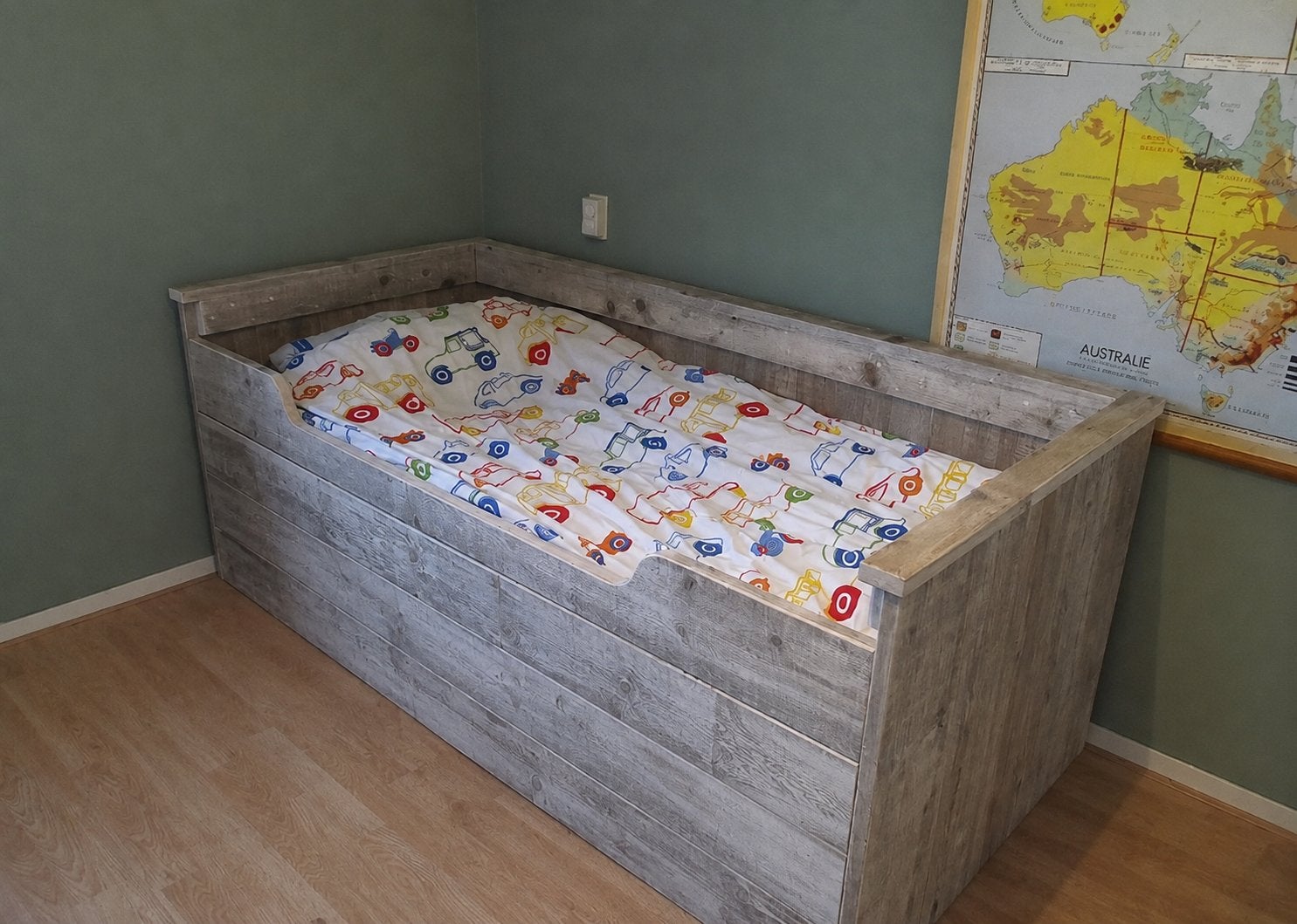 Eenpersoonsbed boxspring steigerhout, Ophalen, Eenpersoons, Bruin, 210 cm