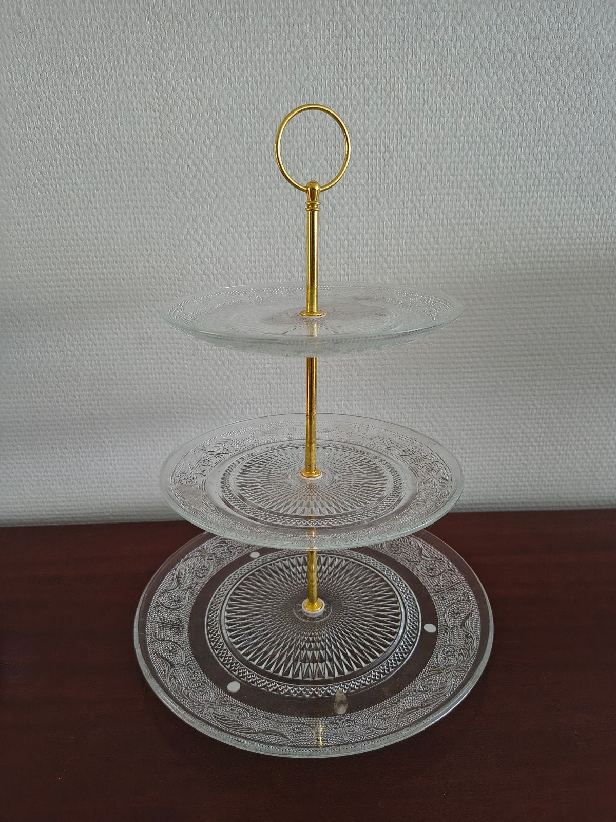 Glazen etagere met 3 lagen - perfect voor gebak en hapjes, Rond, Ophalen of Verzenden, Dienblad, Glas