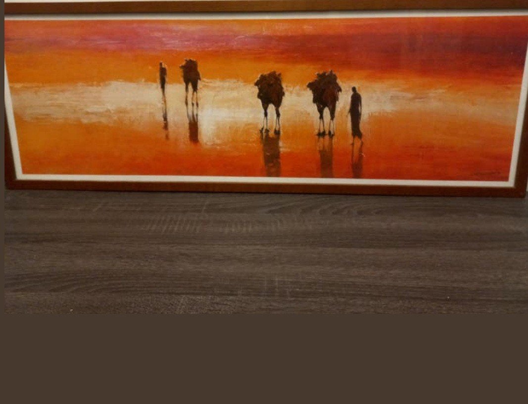 Schilderij met kamelen in de woestijn, Antiek en Kunst, Hout, Olieverf, Ingelijst, Landschap