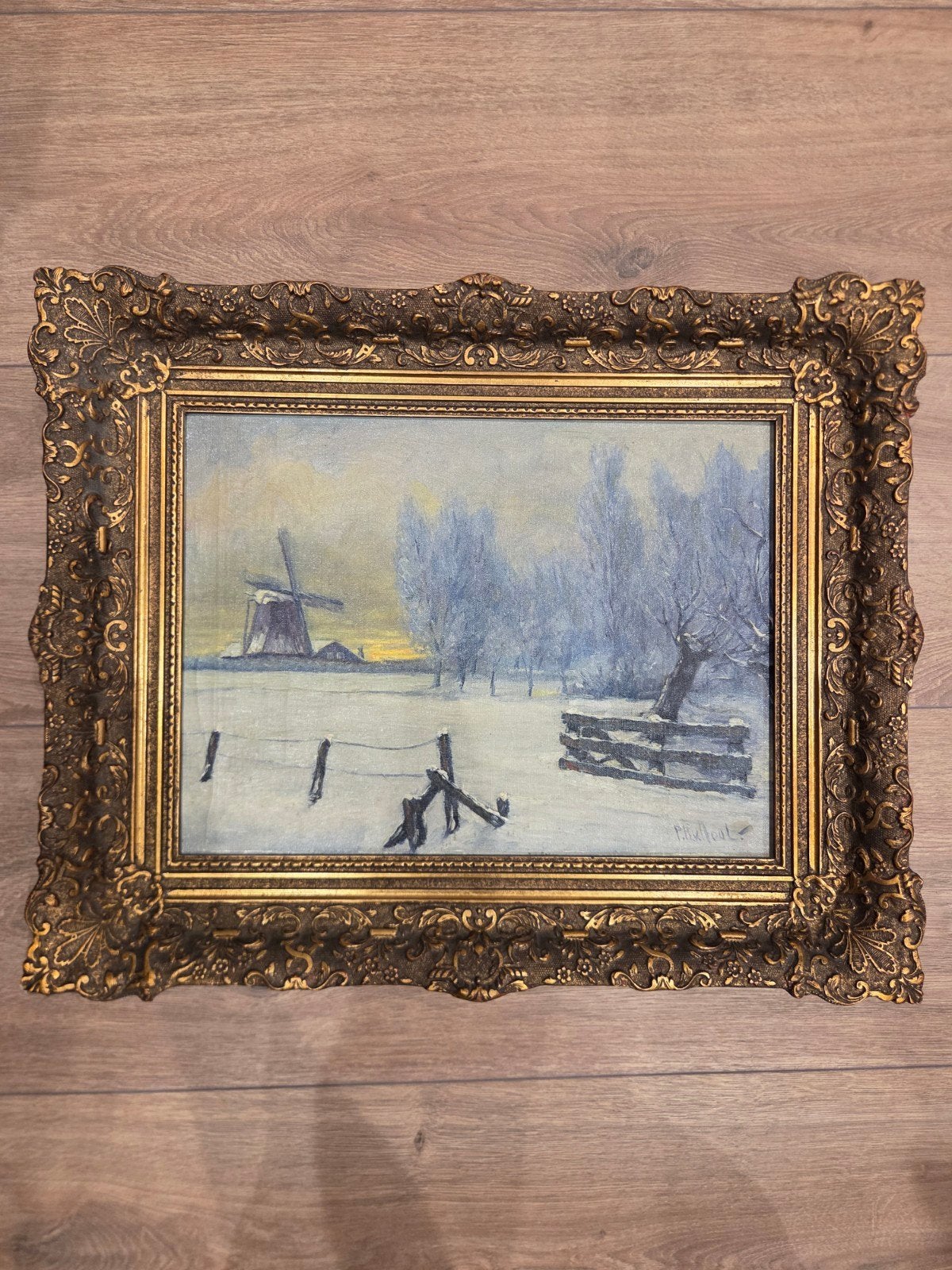 Schilderij Winterlandschap met Molen, gesigneerd P. Hulshout, Antiek en Kunst, Ophalen of Verzenden