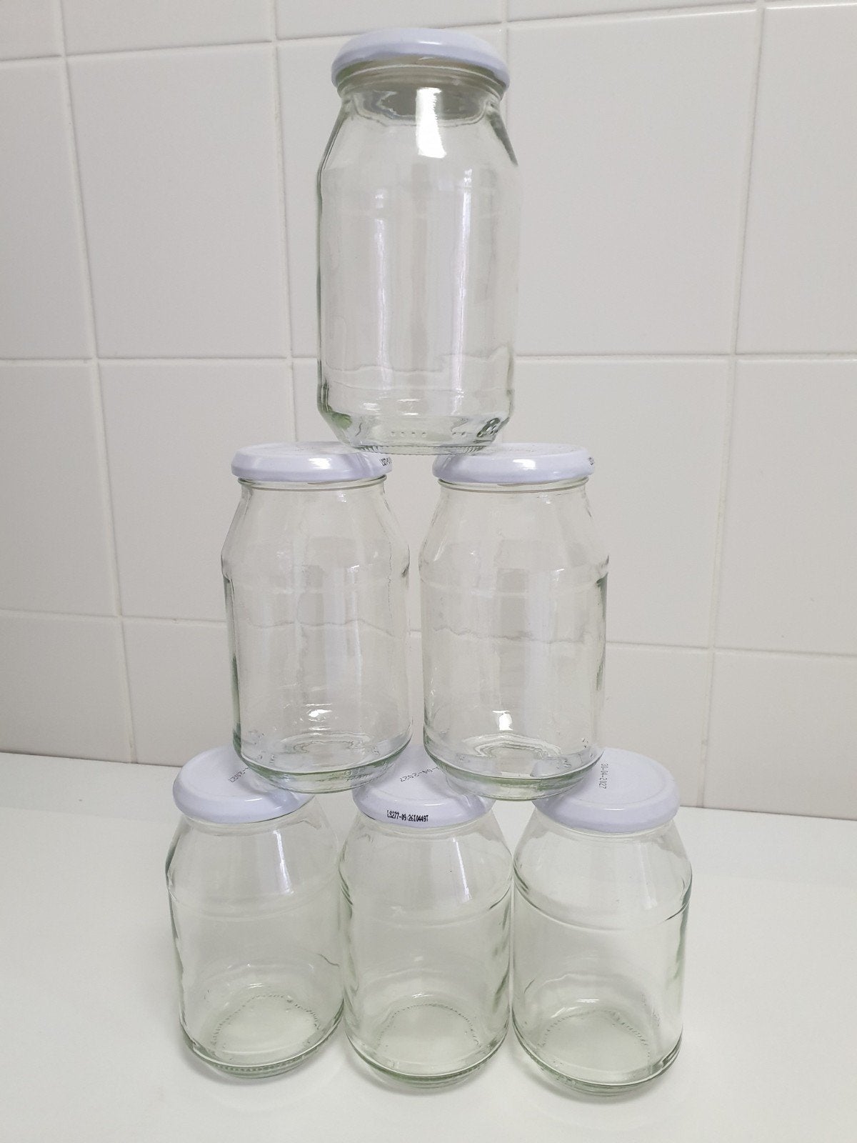 6 Lege glazen potten van 400ml met wit metalen deksel, Ophalen of Verzenden, Zo goed als nieuw, Glas, Pot, Bus of Blik