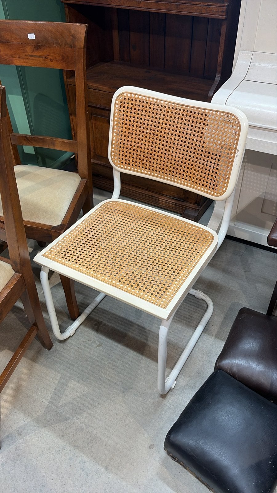 Vintage Witte Rotan Stoel met Metalen Frame, Ophalen, Gebruikt, Wit, Metaal