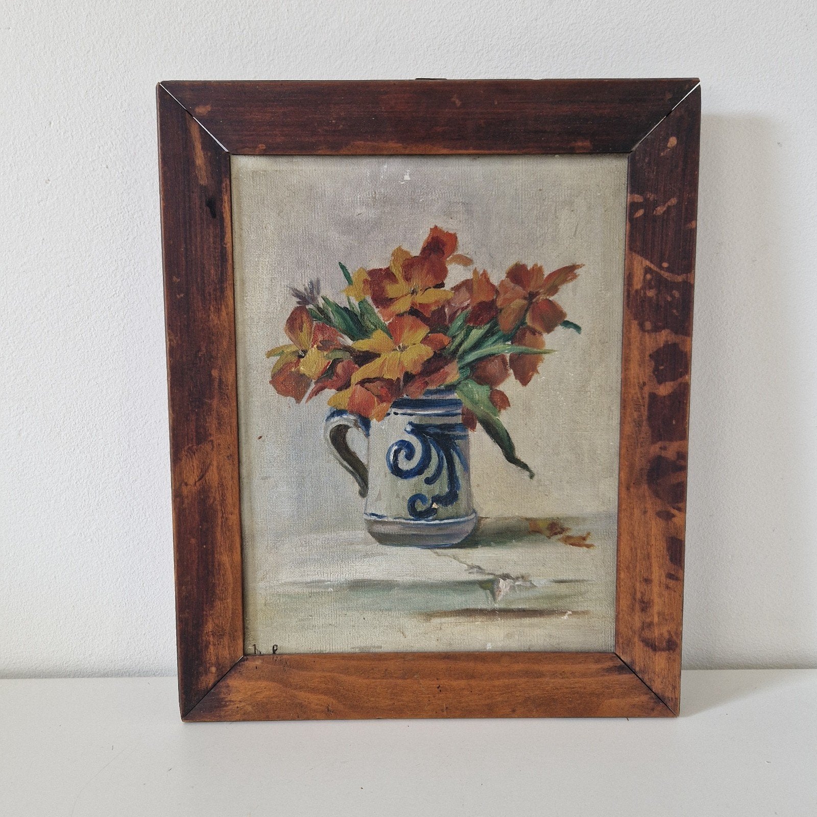 schilderij in lijst bloemen olieverf op doek Gesigneerd 1903, Antiek en Kunst, Bloemen, Doek, Ophalen of Verzenden, Gesigneerd