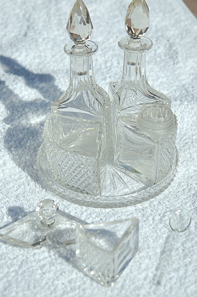 Kristallen olie en azijn setje met zout en mosterd /lepel, Antiek en Kunst, Antiek | Glas en Kristal, Ophalen of Verzenden
