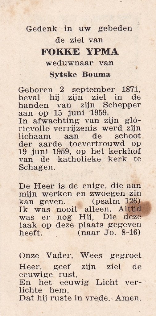 Ypma Fokke 1871  1959 Schagen, Ophalen of Verzenden, Bidprentje
