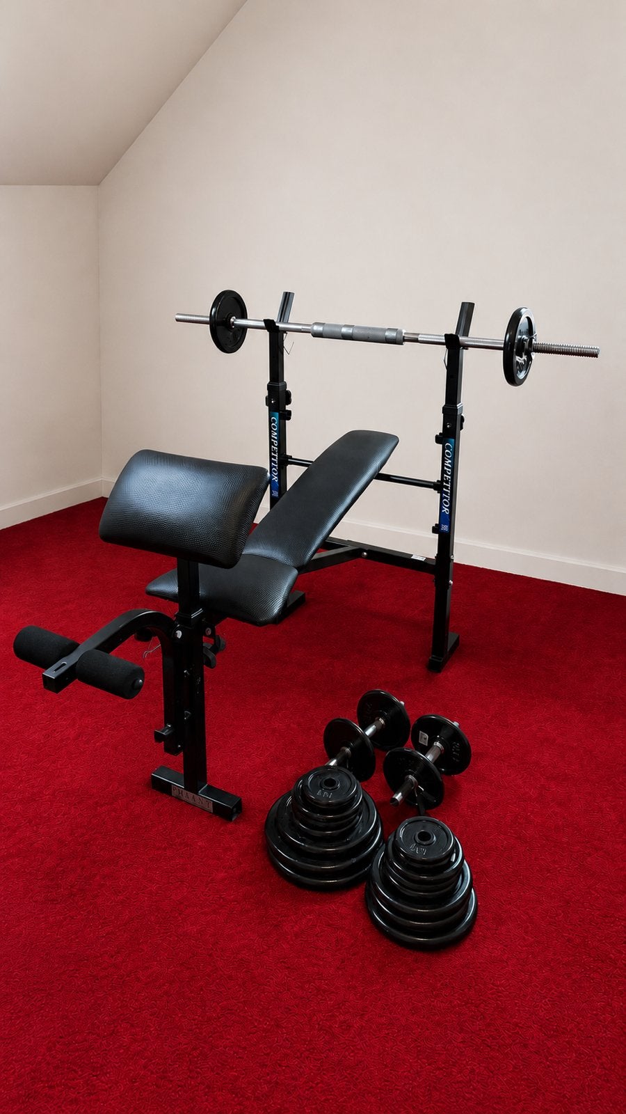 Verstelbare halterbank met dumbbellset en gewichten, Ophalen, Gebruikt, Benen, Fitnessbank