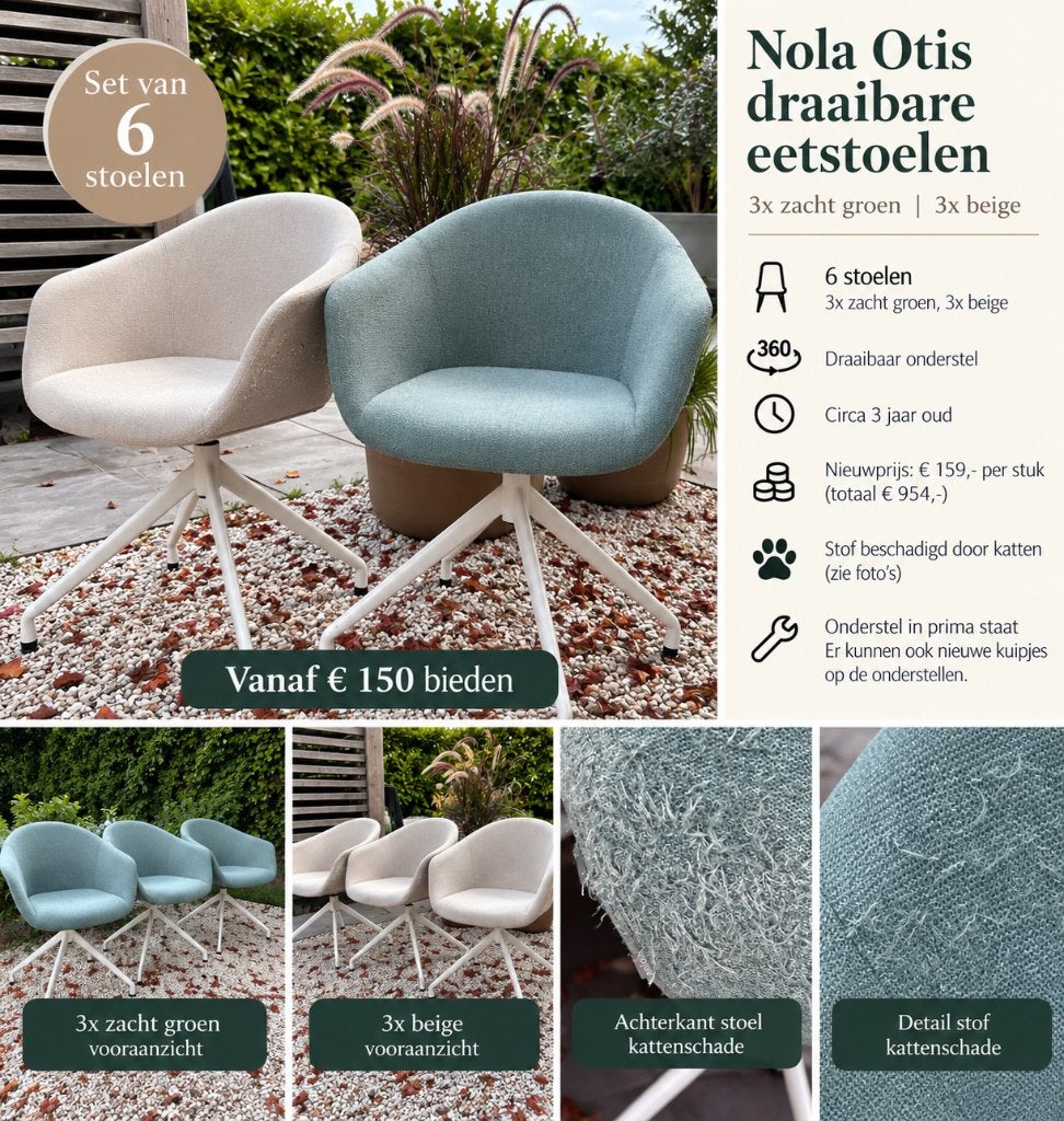 6x Nola Otis draaibare eetkamerstoelen | 3 groen + 3 beige, Ophalen, Gebruikt, Overige kleuren, Scandinavisch