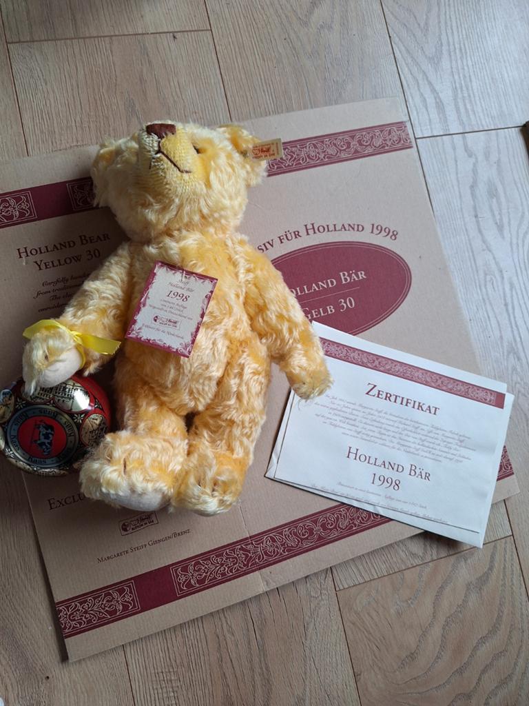 Steiff Holland Beer 1998 - Gele Teddybeer met Certificaat, Geel, Beer, Ophalen of Verzenden, Zo goed als nieuw