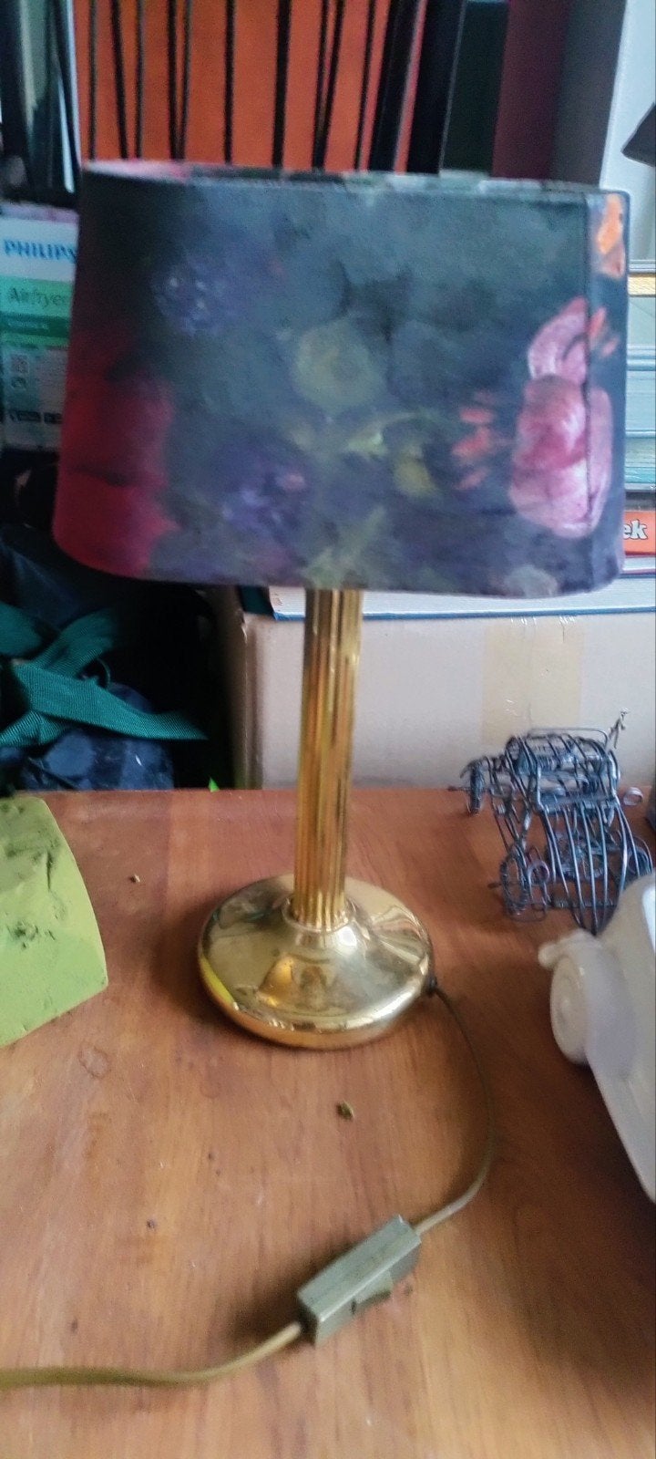 Gouden messing tafellamp met bloemenkap - Vintage stijl, Met schakelaar, Gebruikt, Overige merken, Textiel