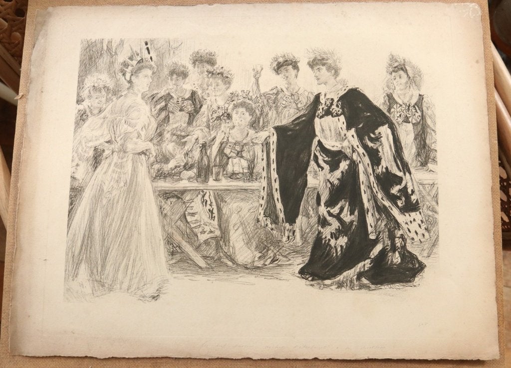 Prent hofdames aan een feestmaal, diepdruk ca. 1900–1910, Ophalen, Dagelijks leven, Ets, Origineel