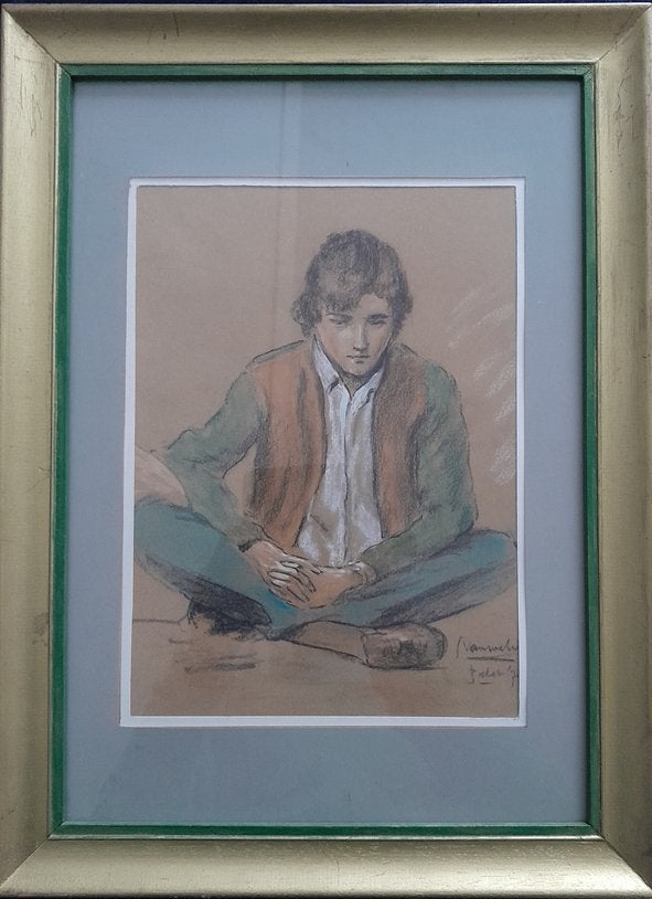 Portret van een jongeman, tekening incl. lijst, Ophalen, Tekening, Krijttekening, Handgemaakt