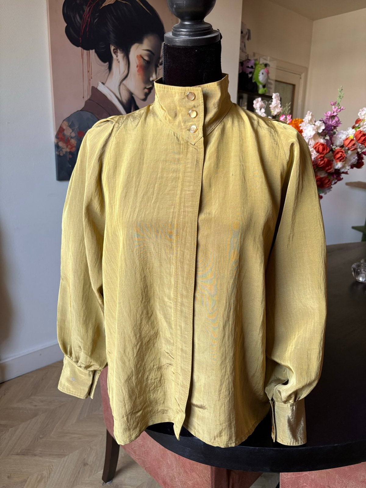Olijfgroene vintags blouse, Ophalen of Verzenden, Gedragen, Maat 38/40 (M), Groen