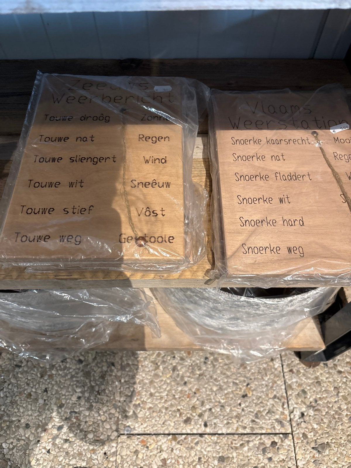 Partij houten tekstborden - Weerberichten en Vlaamse Weersta, Tekstbord, Gebruikt, Ophalen of Verzenden, Met afbeelding