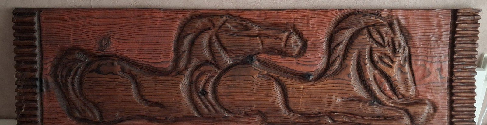 Groot Houtsnijwerk van Balsa Hout met Paardenmotief, Antiek en Kunst, Ophalen, Houtsnijwerk, 1 meter - 2 meter, Hout