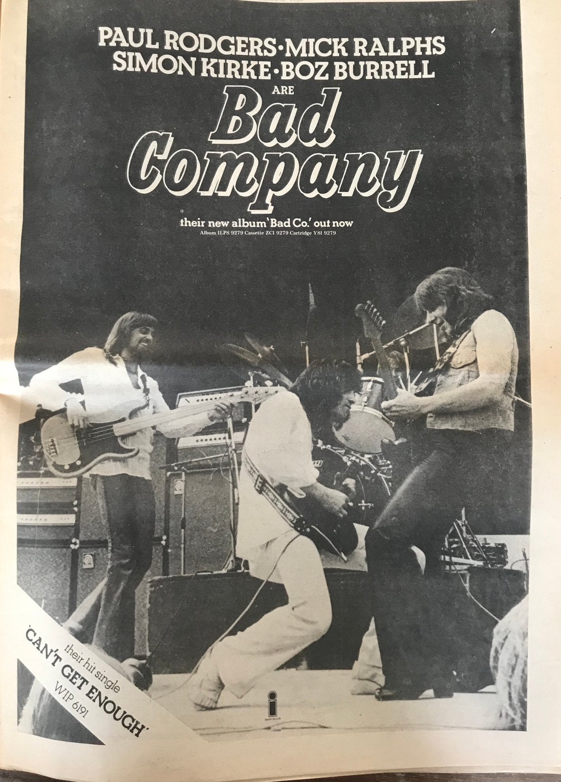 Paginagrote A3 advertentie BAD COMPANY Can’t Get Enough, Ophalen of Verzenden, Zo goed als nieuw