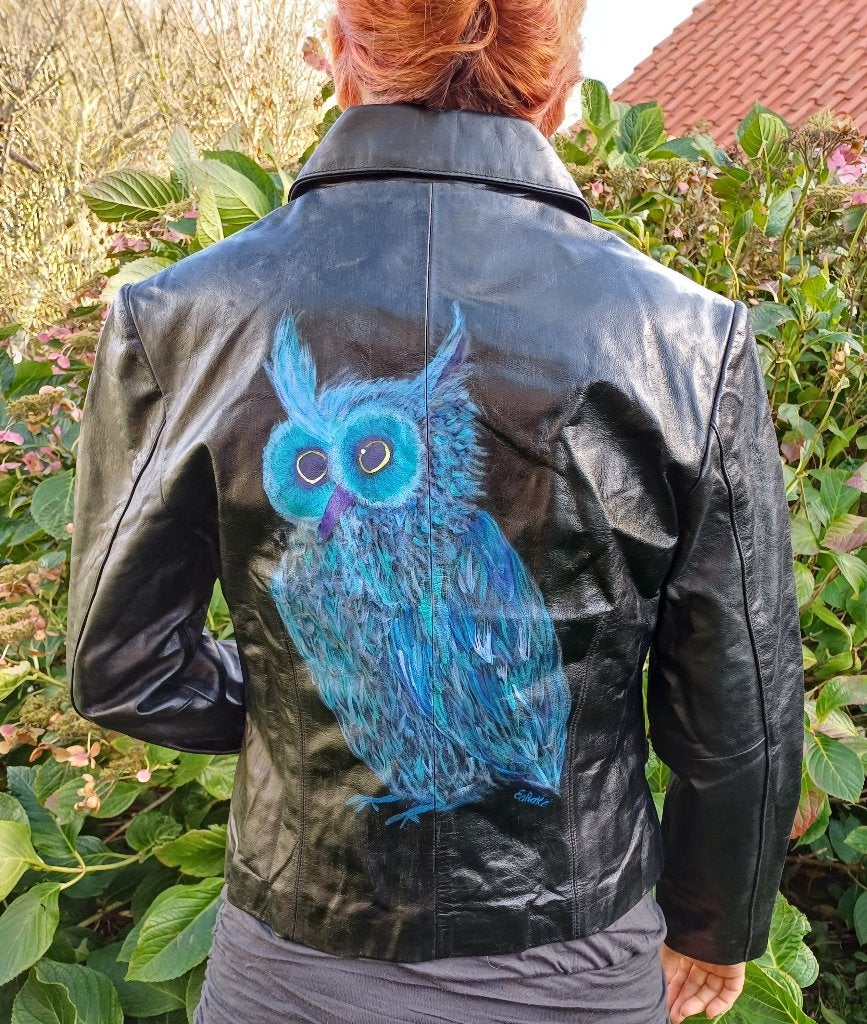 Stoere zwarte leren jas met blauwe uil mt 40 merk Florence, Kleding | Dames, Maat 38/40 (M), ., Zwart, Ophalen of Verzenden