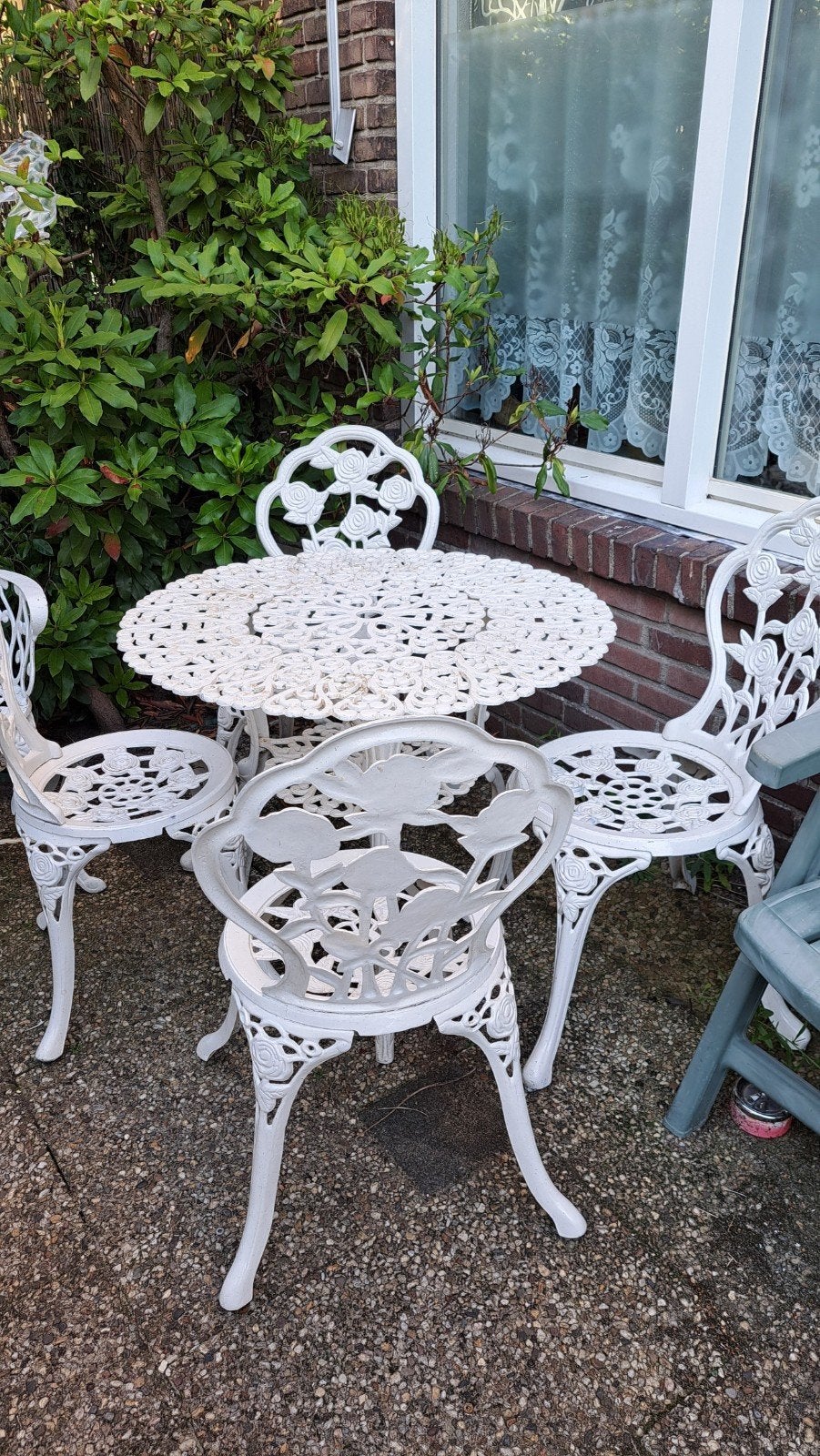 Witte  tuinset met 4 stoelen, Antiek en Kunst, Ophalen