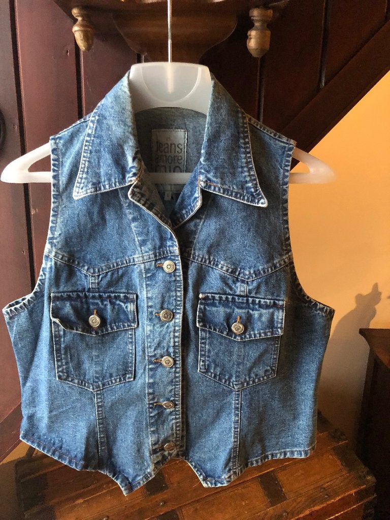 Jeans gilet spijkerstof vintage Amore Mio maat L, Amore Mio, Blauw, Maat 42/44 (L), Ophalen of Verzenden