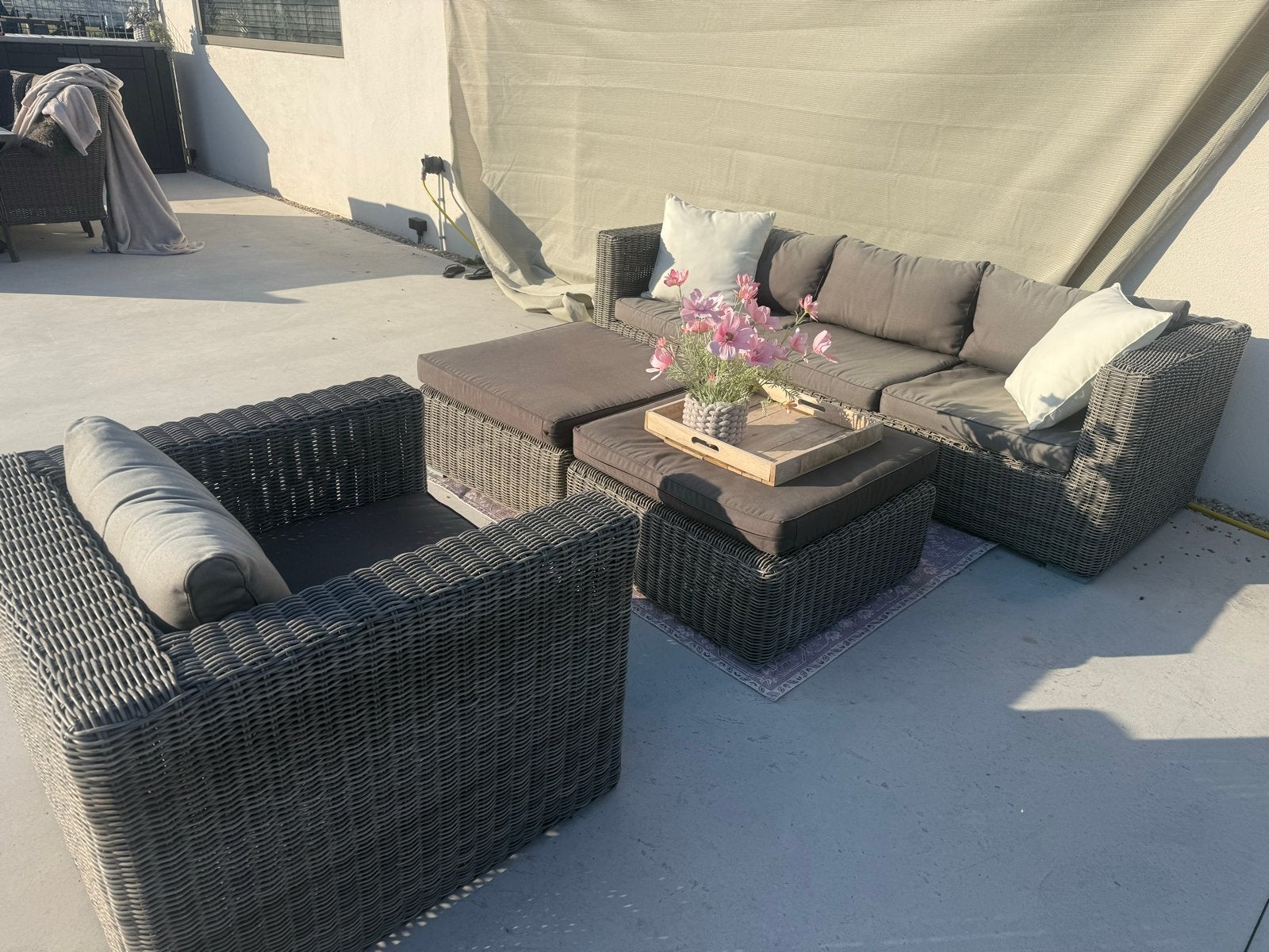 Luxe Wicker Loungeset met Comfortabele Kussens, Tuin en Terras, Ophalen, 5 zitplaatsen, Gebruikt, Loungeset