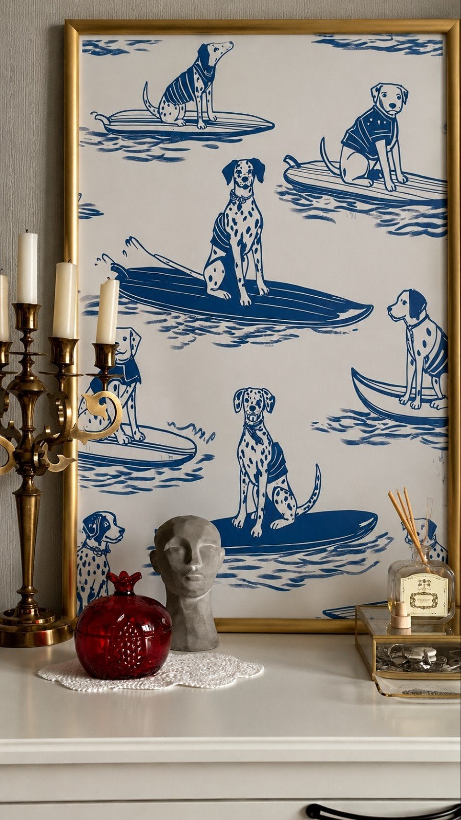Vintage Canvas Poster Surfende Dalmatiërs 40x60 cm – Honden, Ophalen of Verzenden