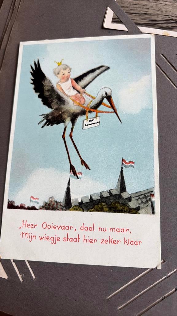 Ansichtkaart ooievaar koningshuis geboorte denk 1938 beatrix, Ophalen of Verzenden, Zo goed als nieuw, Kaart, Foto of Prent