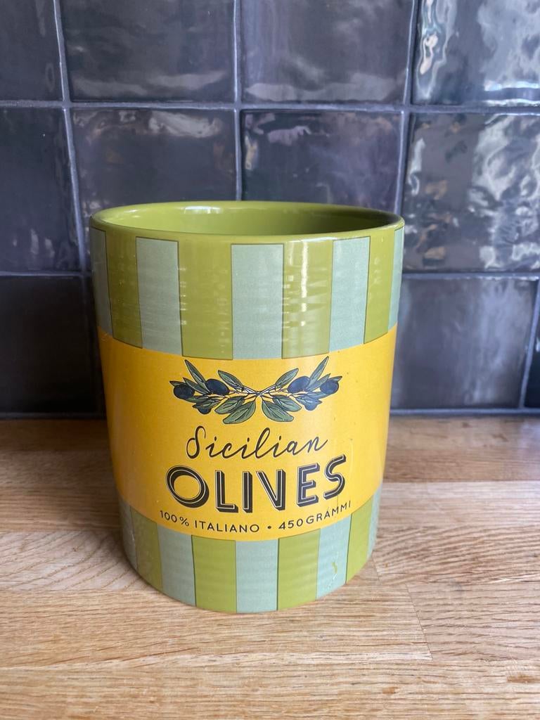 Sicilian Olives pot / opbergpot groen-okergeel, Ophalen of Verzenden, Gebruikt