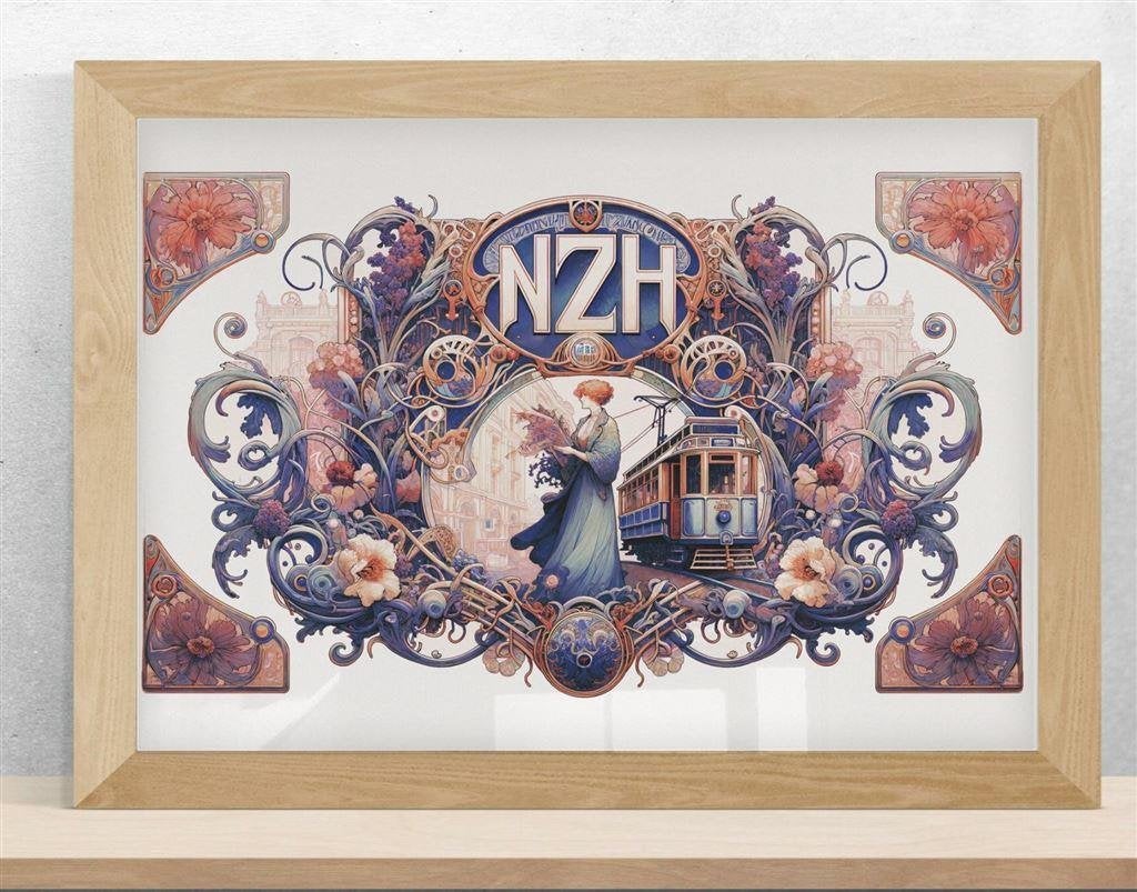 Unieke NZH Blauwe Tram art nouveau poster stijl Mucha