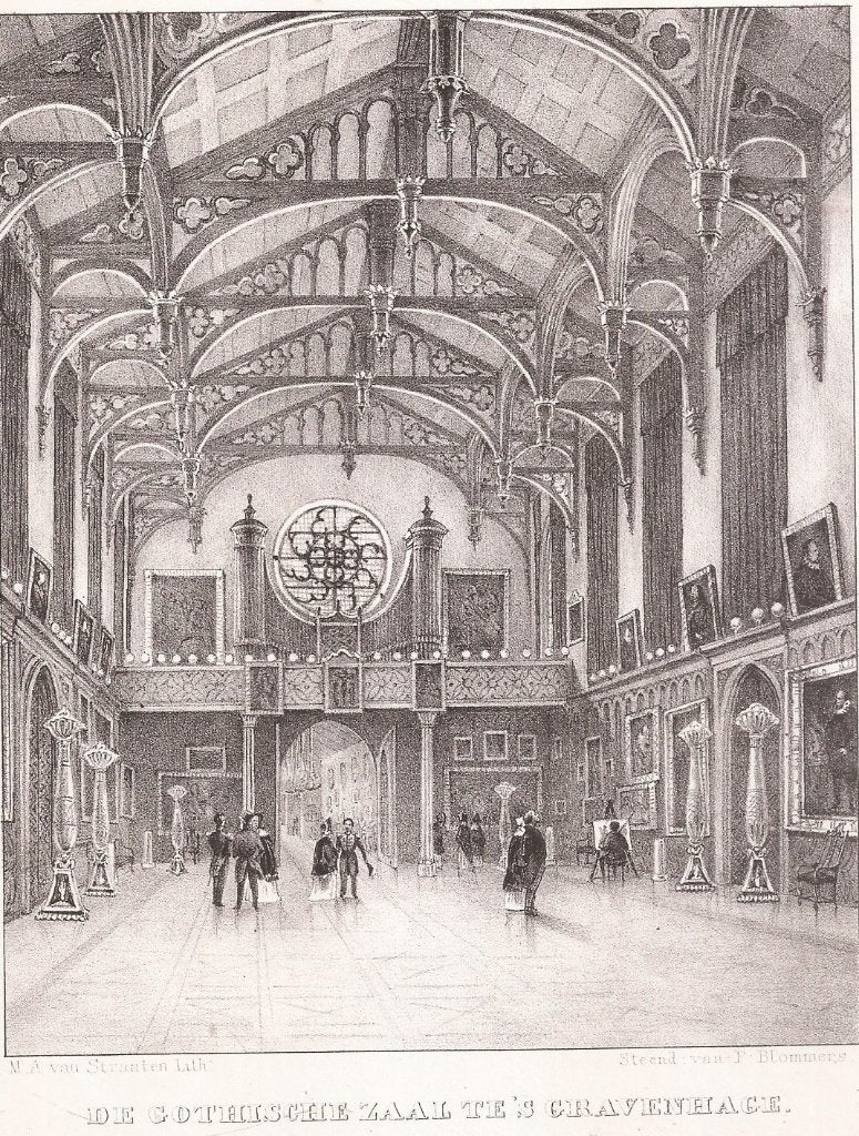 De Gothische zaal te 's Gravenhage ca. 1850 litho, Origineel, 1800 - 1899, 17 cm, Ophalen of Verzenden