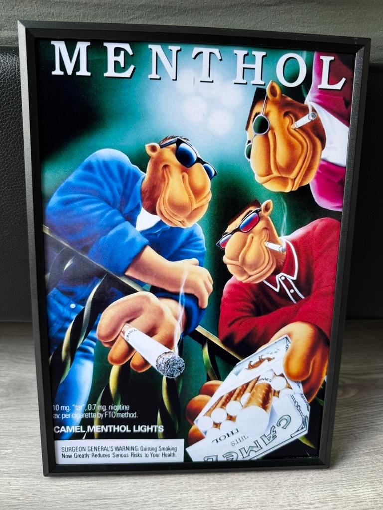 Camel Menthol Poster Ingelijst 21x30cm, Verzamelen, Merken en Reclamevoorwerpen, Ophalen of Verzenden, Gebruikt, Reclamebord