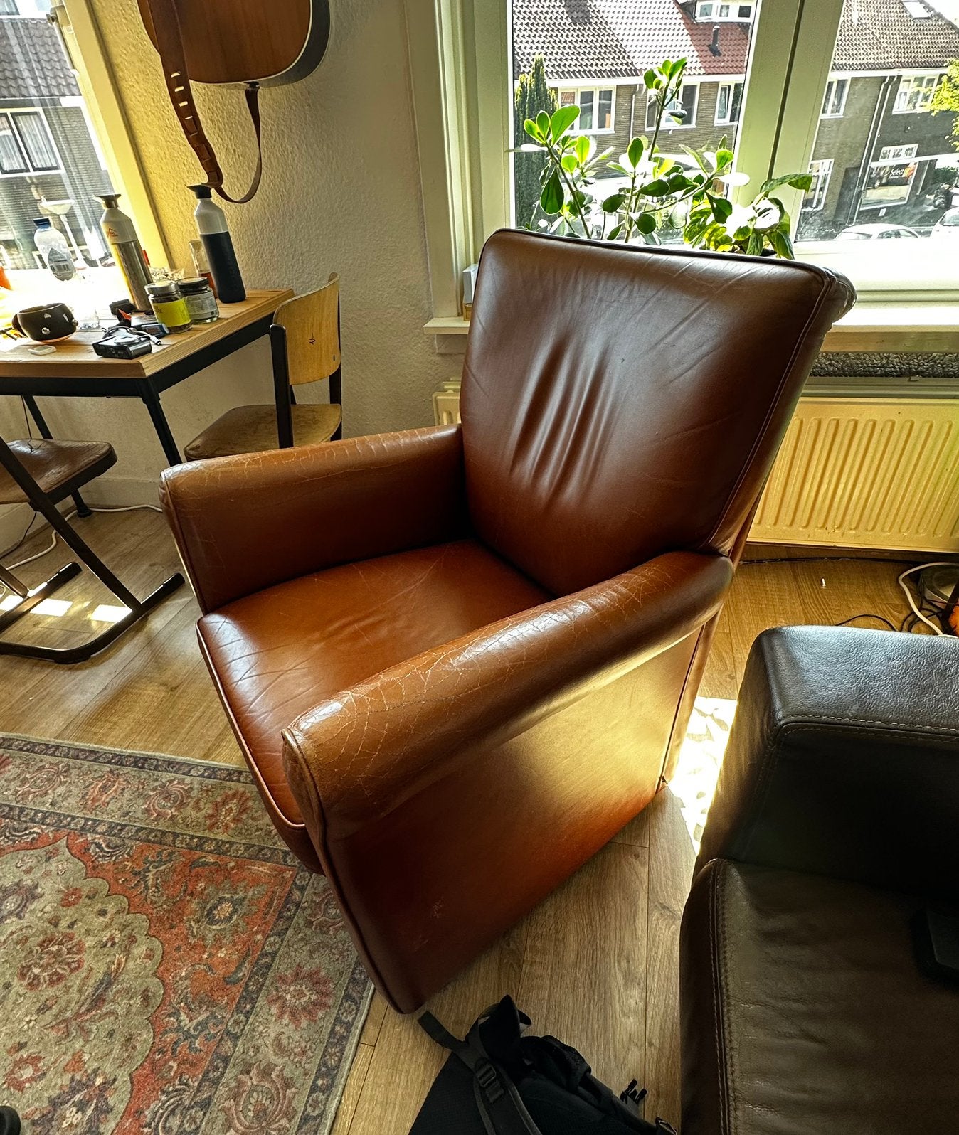 (Gratis!!) Leren fauteuil cognac, Ophalen, Gebruikt, Leer, 75 tot 100 cm