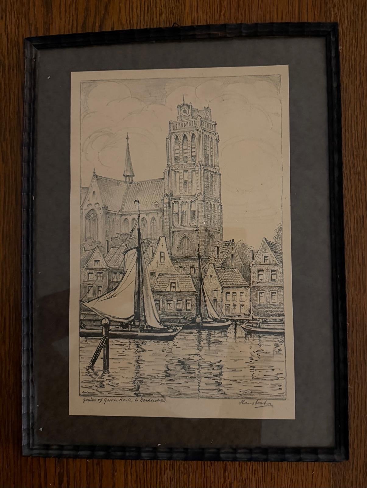 Oude tekening van Dordrecht, gesigneerd, Ophalen, Tekening, Pentekening, Gesigneerd