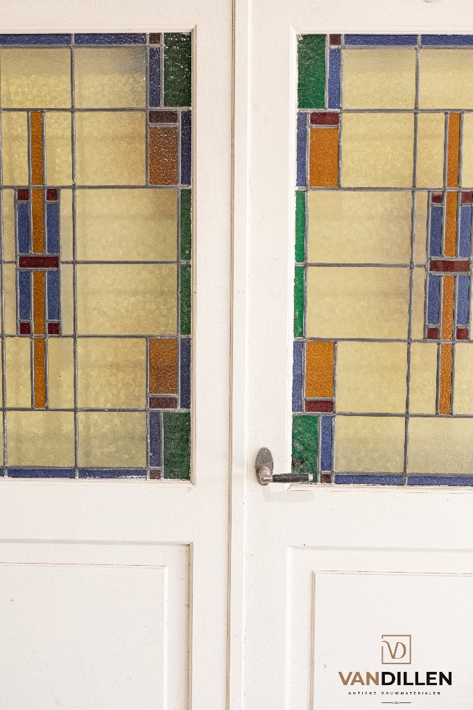 Oude ensuite vouw - klap deuren met glas in lood, Gebruikt, 120 cm of meer, Binnendeur, Ophalen of Verzenden