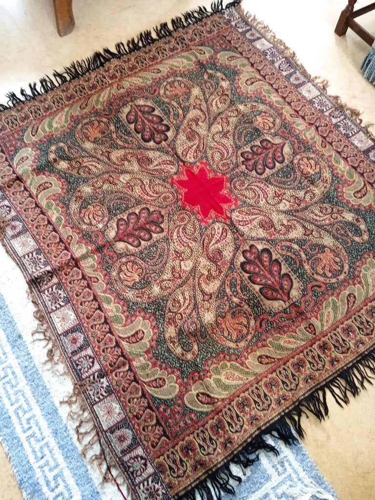 Vintage Paisley Sjaal/Plaid met Franjes, Vintage, Bohemian, Klassiek, Gebruikt, Vierkant, Ophalen of Verzenden