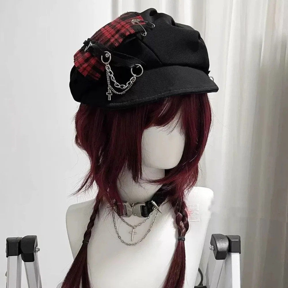 Dames pet Y2K punk checkered stijl met ketting