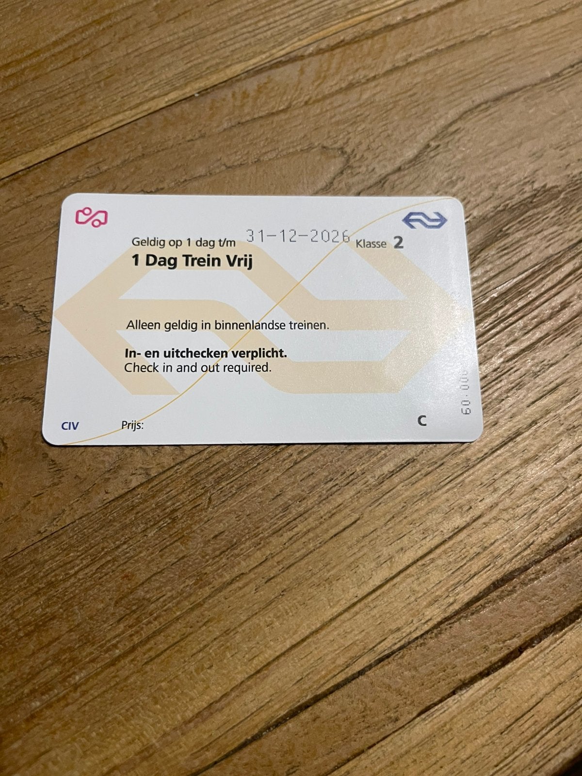 2 beschikbaar! NS vrij 1 dag onbeperkt reizen. Per stuk 45,-, Eén persoon, Trein, Algemeen kaartje