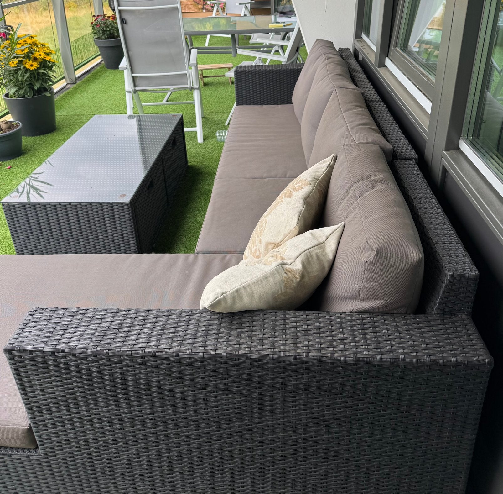 loungeset +tafel waterbestendige kussens, Tuin en Terras, Tuinsets en Loungesets, Ophalen, Kunststof, Gebruikt, 6 zitplaatsen