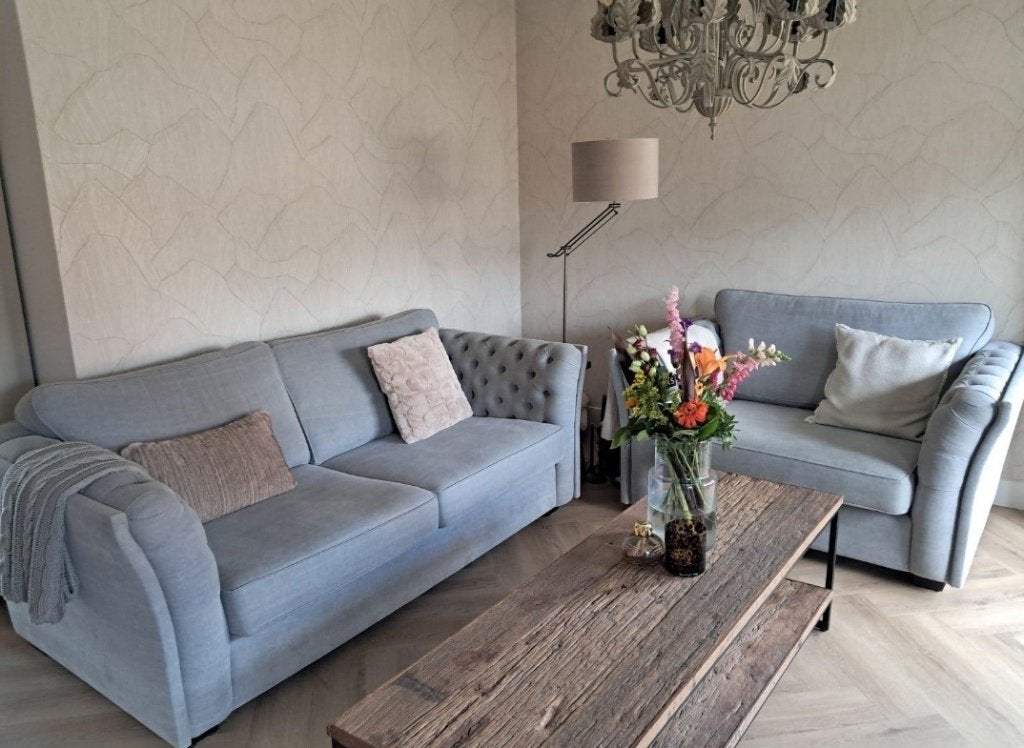 Olav(Queen) banken in Kiss stof lightgrey2,5-zit & loveseat, Ophalen, 75 tot 100 cm, Zo goed als nieuw, Rechte bank