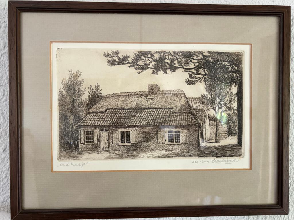 Oud huisje - Ets door C. van der Woerd, Antiek en Kunst, Kunst | Etsen en Gravures, 34 cm, Ets, Gesigneerd, Landschap