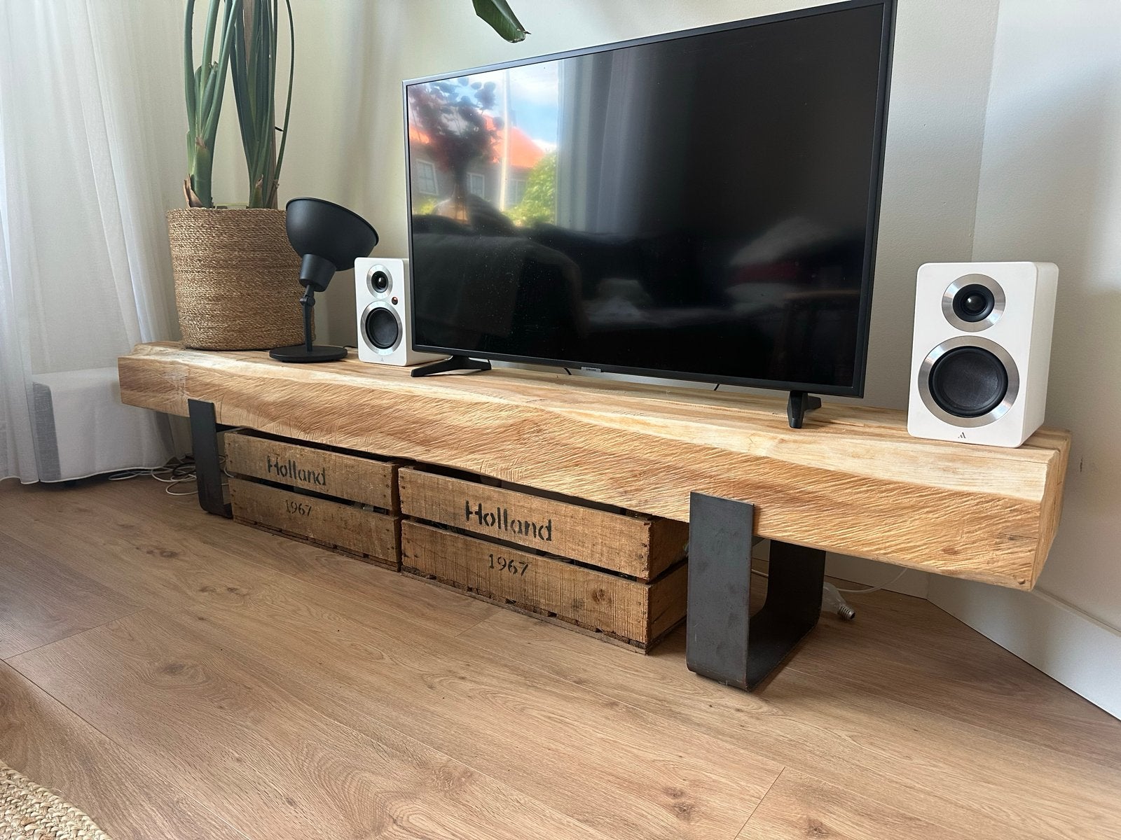 Robuust eikenhouten tv-meubel, Ophalen, Gebruikt, 150 tot 200 cm, Eikenhout