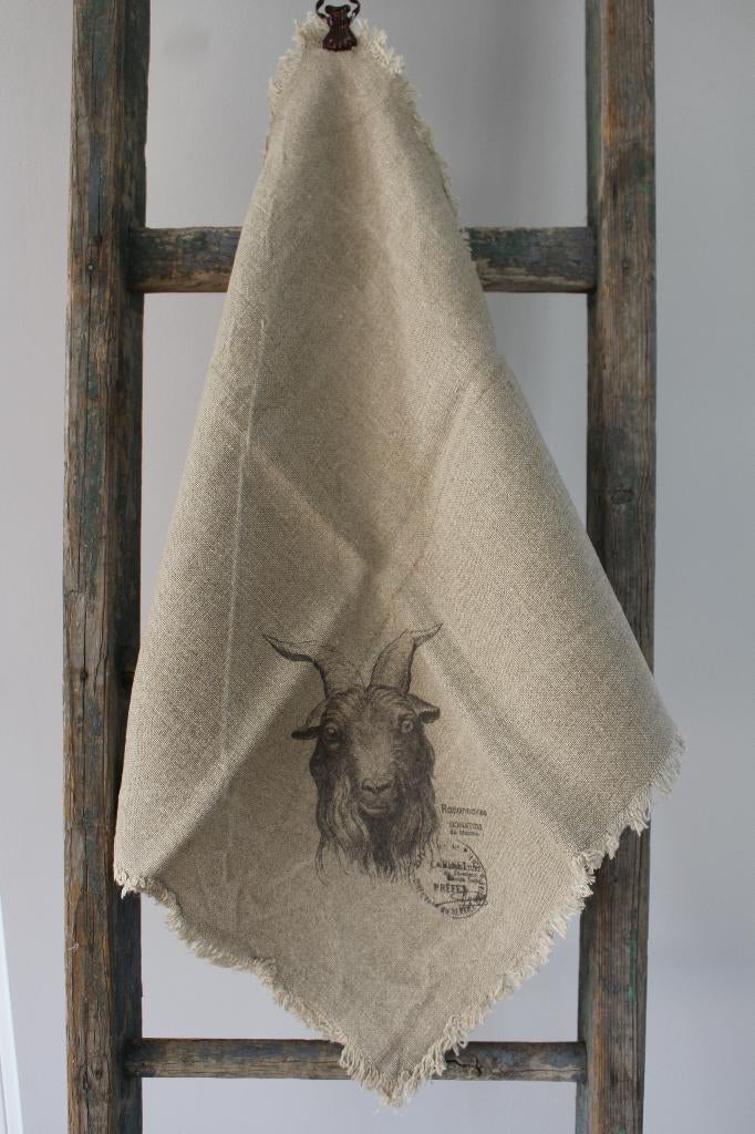 Stoere shabby linnen doek 45 x 45 cm. geit *Pronck & Praal*, Brocante, Beige, Nieuw, Ophalen of Verzenden