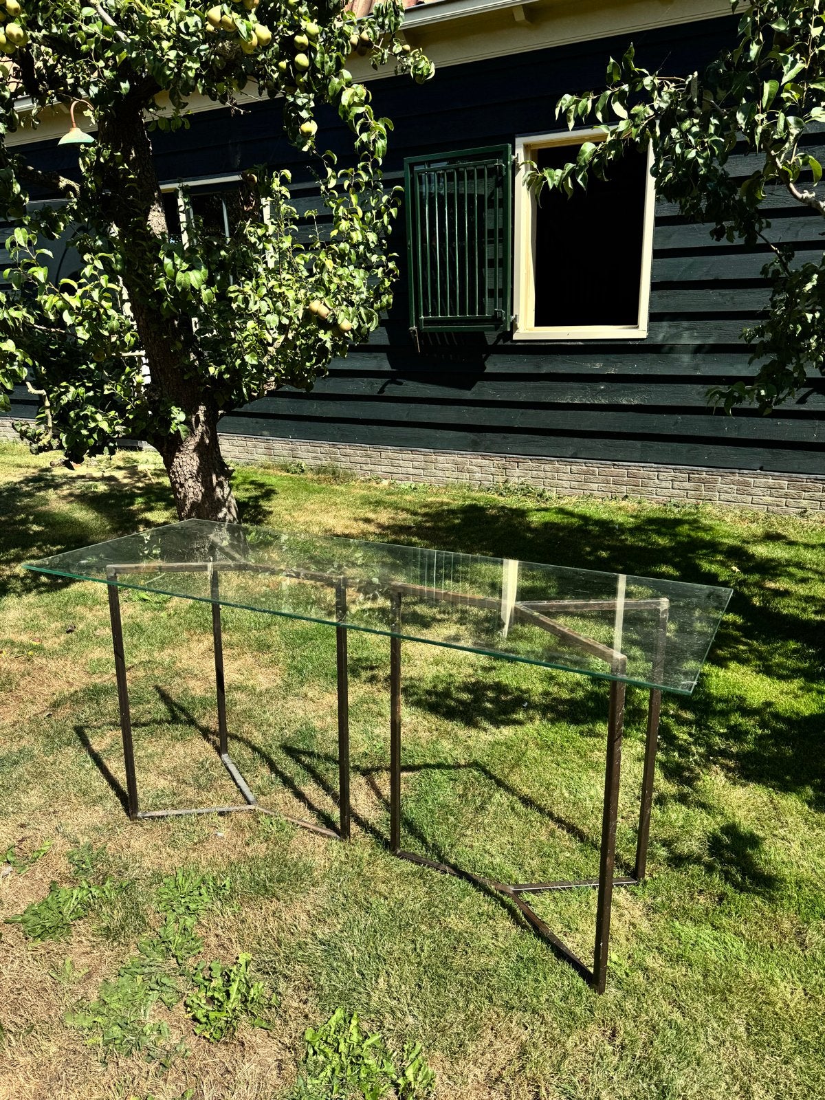 Glazen tafelblad met stalen frame poten - los, Gebruikt, Ophalen of Verzenden, Glas, 150 tot 200 cm