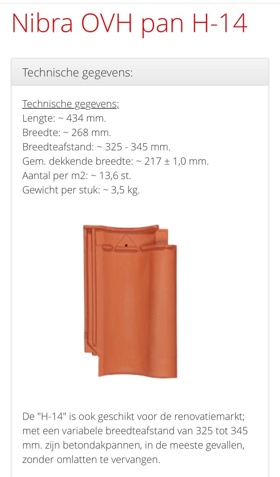 Nibra OVH dakpan H-14 natuurrood (rood), Doe-het-zelf en Verbouw, Ophalen, Steen of Klei, Nieuw, 15 m² of meer