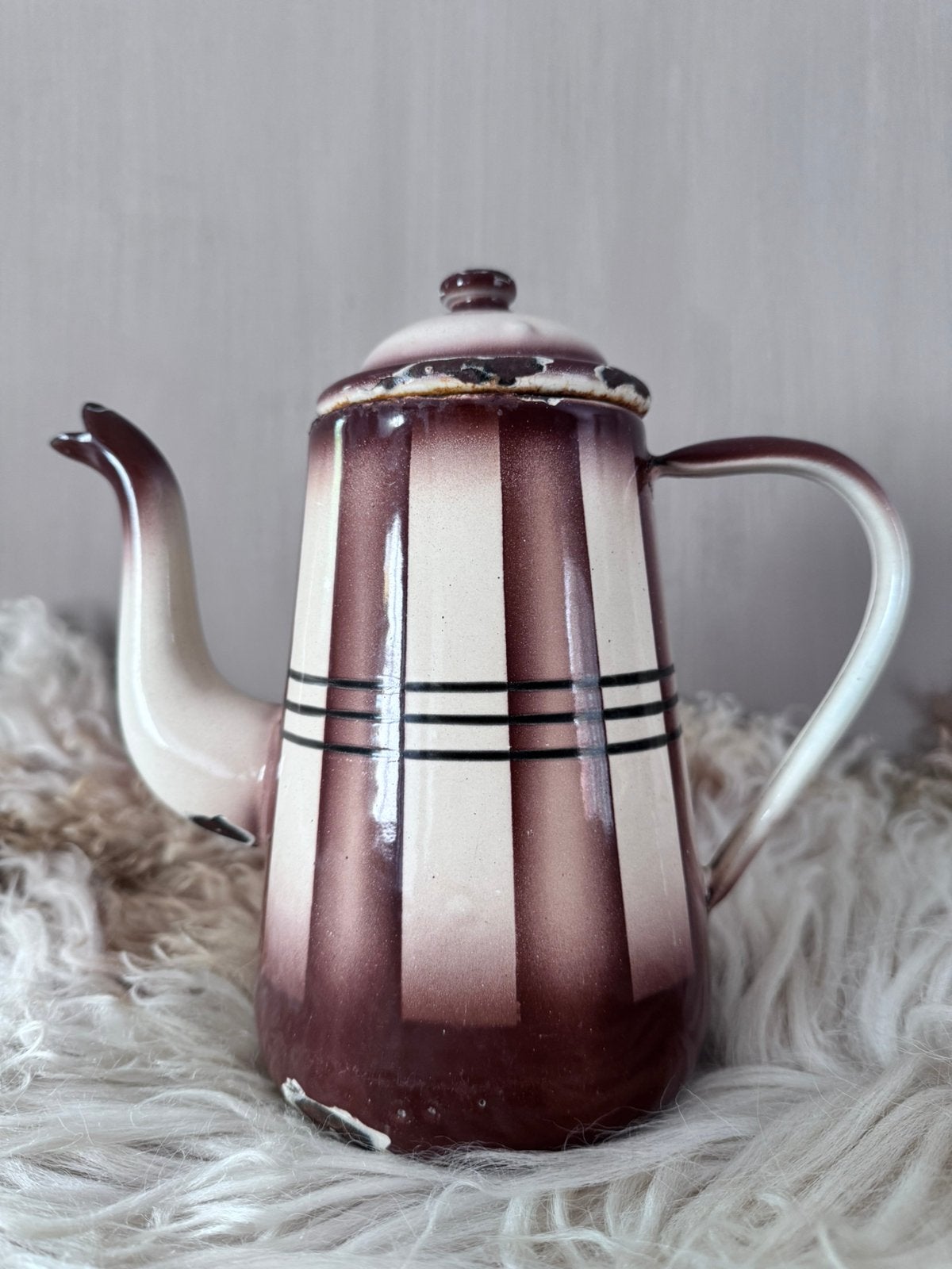 Brocante bruin witte emaille theepot koffiepot theekan, Ophalen of Verzenden